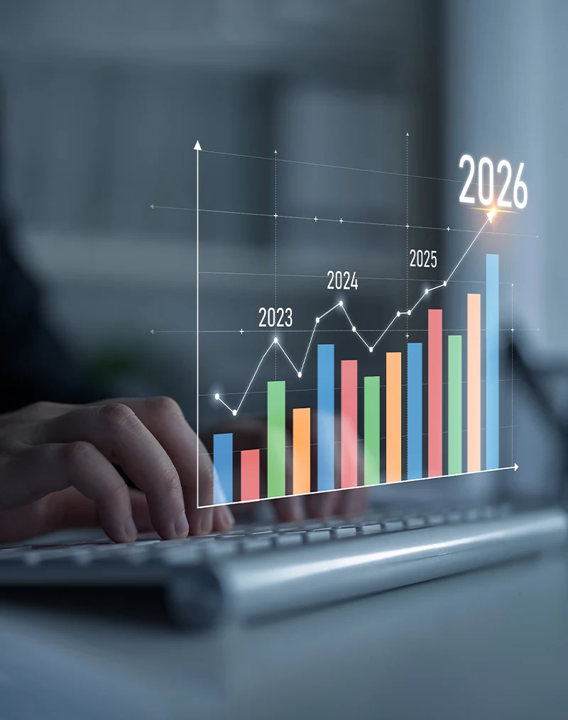 A small graph showing positive growth leading up to 2026. 
